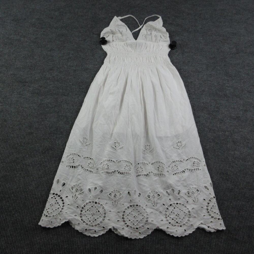 Future Collective Dress Womens S White Maxi Smocked V-Neck Eyelet Strappy NWT